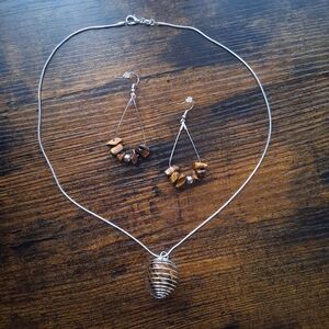 Tiger Eye Stone Pendant Necklace and Earrings Set